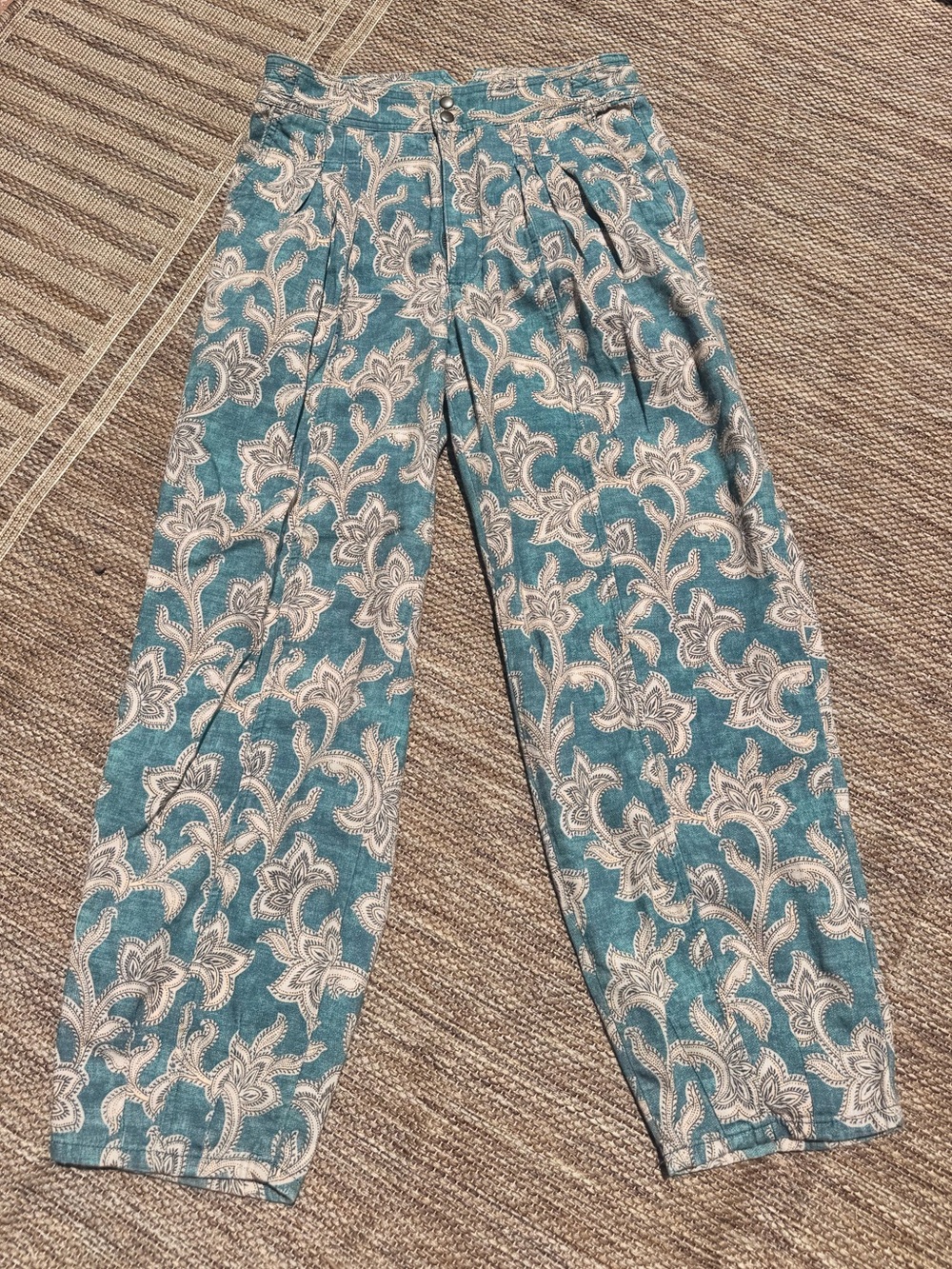 Anthropologie Teal and Cream Wide-Leg Printed Pants
